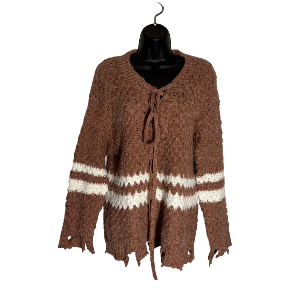 Distressed Knit Cardigan Sweater By Moon River S Brown & White Chevron Pattern - Picture 1 of 12